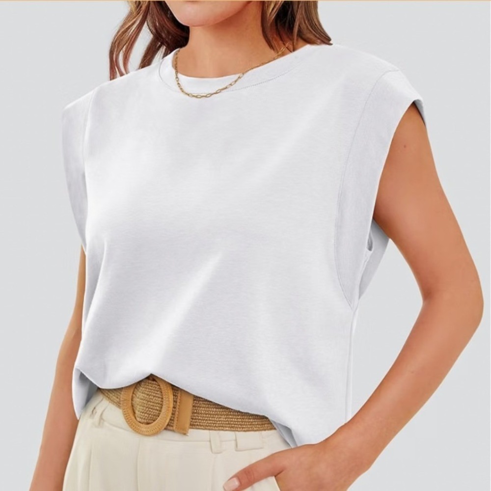 Wiholl White Cap Sleeve Loose Fit Top, Medium, Casual Lightweight Versatile